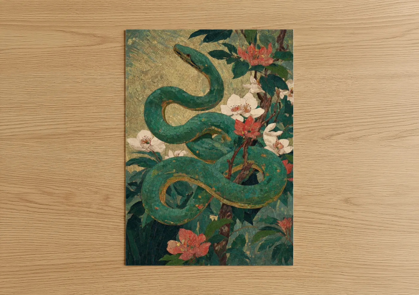 Boa constrictor art print on warm oak wood — true green and gold and white palette — Emerald Garden Serpent poster