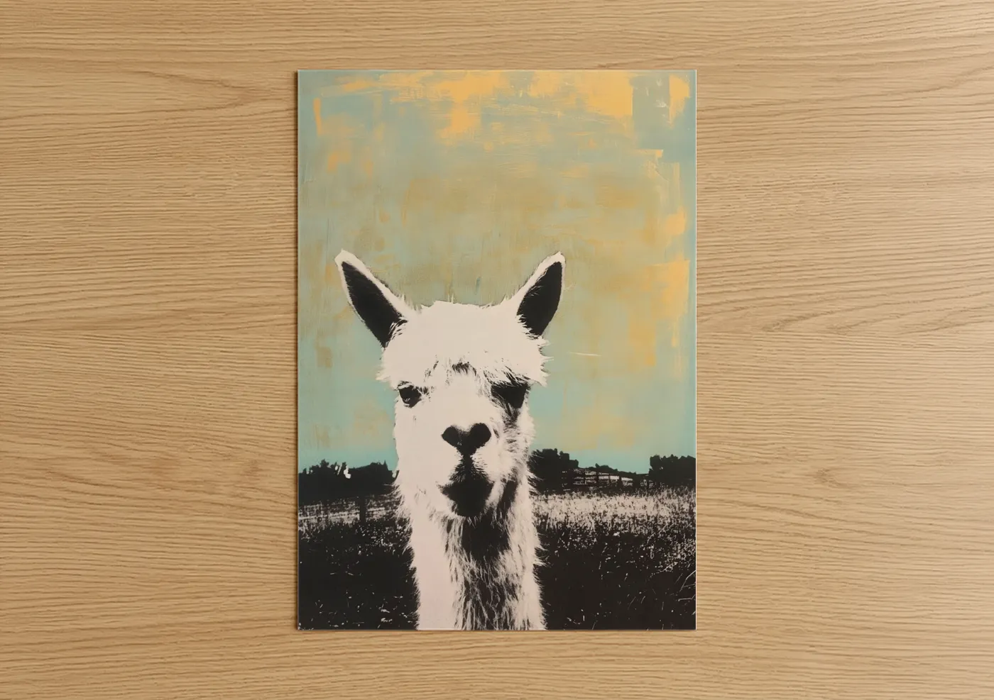 Art print on warm oak wood — gold and sage green palette — Golden Field Alpaca poster