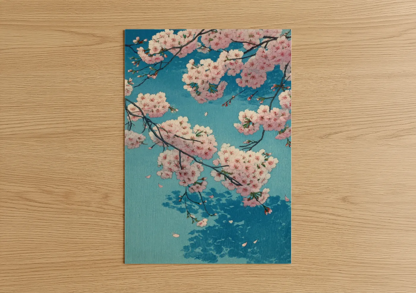 Cherry blossoms art print on warm oak wood — blue and pink palette — Blooming Cherry Sky poster