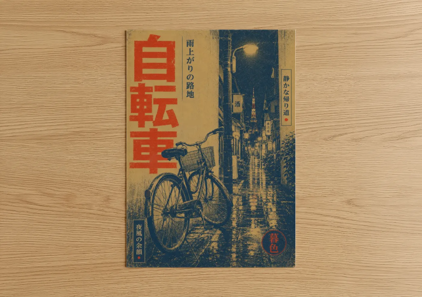 Art print on warm oak wood — blue and gold palette — Rainy Tokyo Street Bicycle Wall Art poster