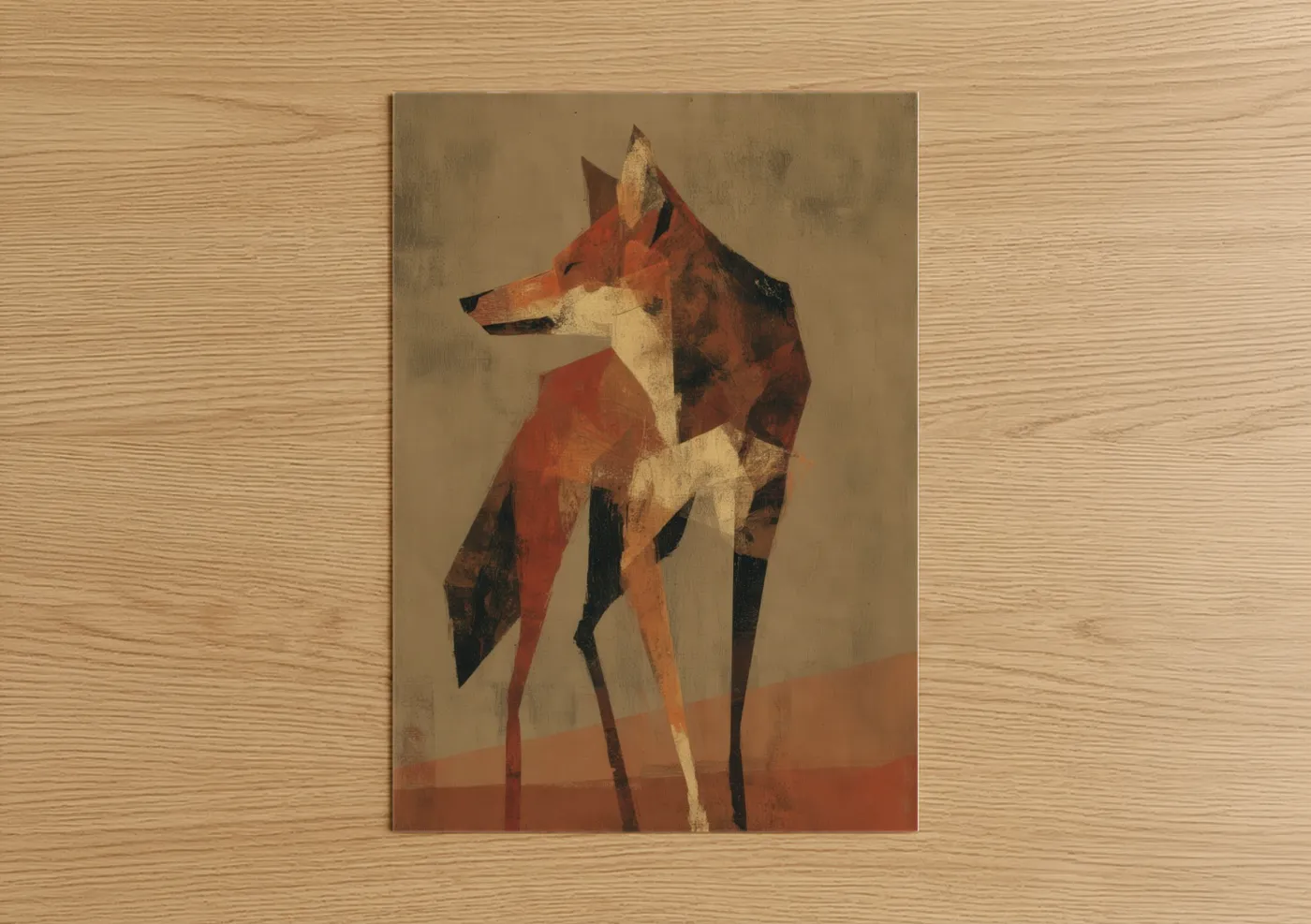 Art print on warm oak wood — cream palette — Geometric Coyote poster