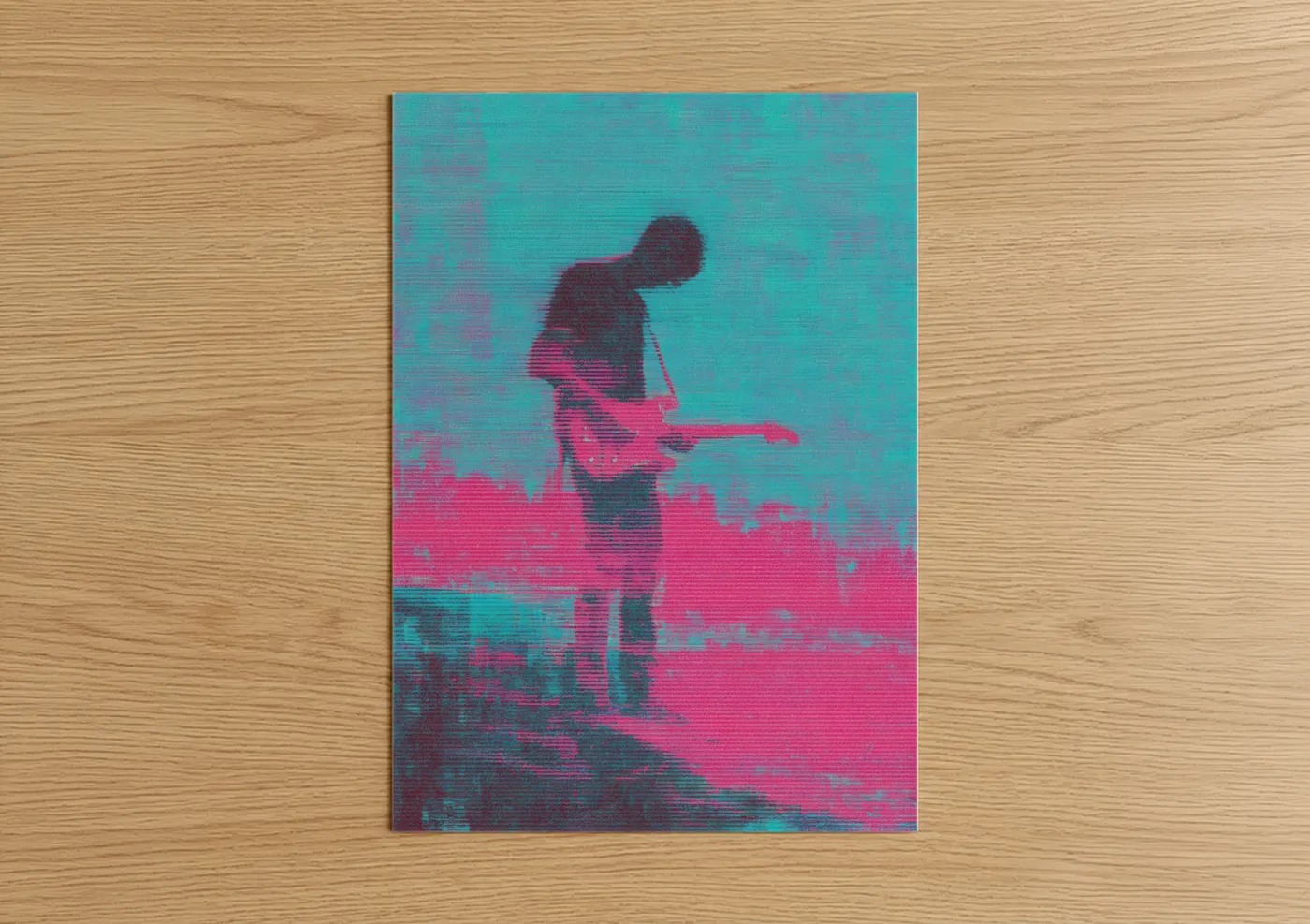 Rock'n roll art print on warm oak wood — magenta and teal palette — Neon Guitarist poster