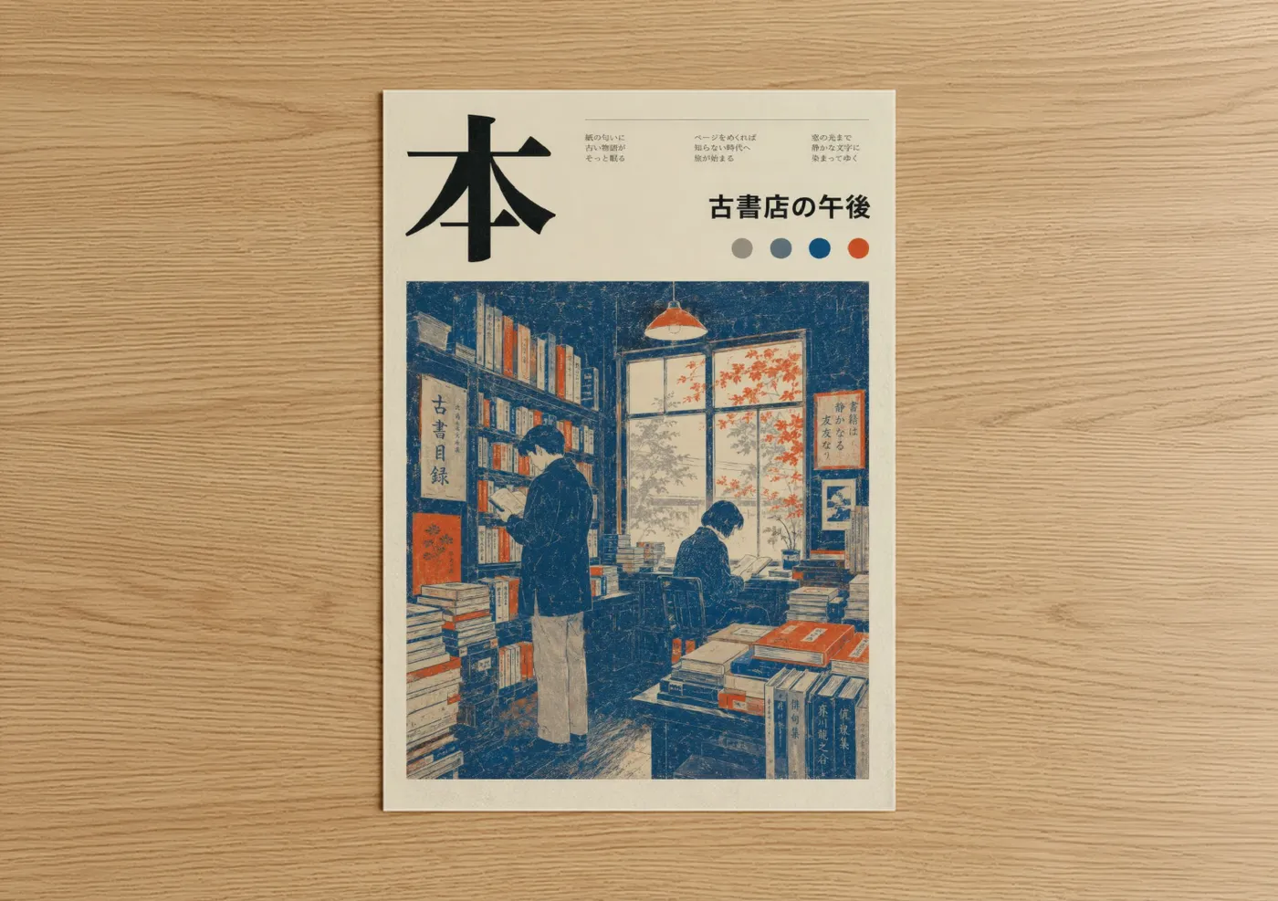 Library art print on warm oak wood — blue and orange palette — Japanese Bookstore Autumn Scene Wall Art poster