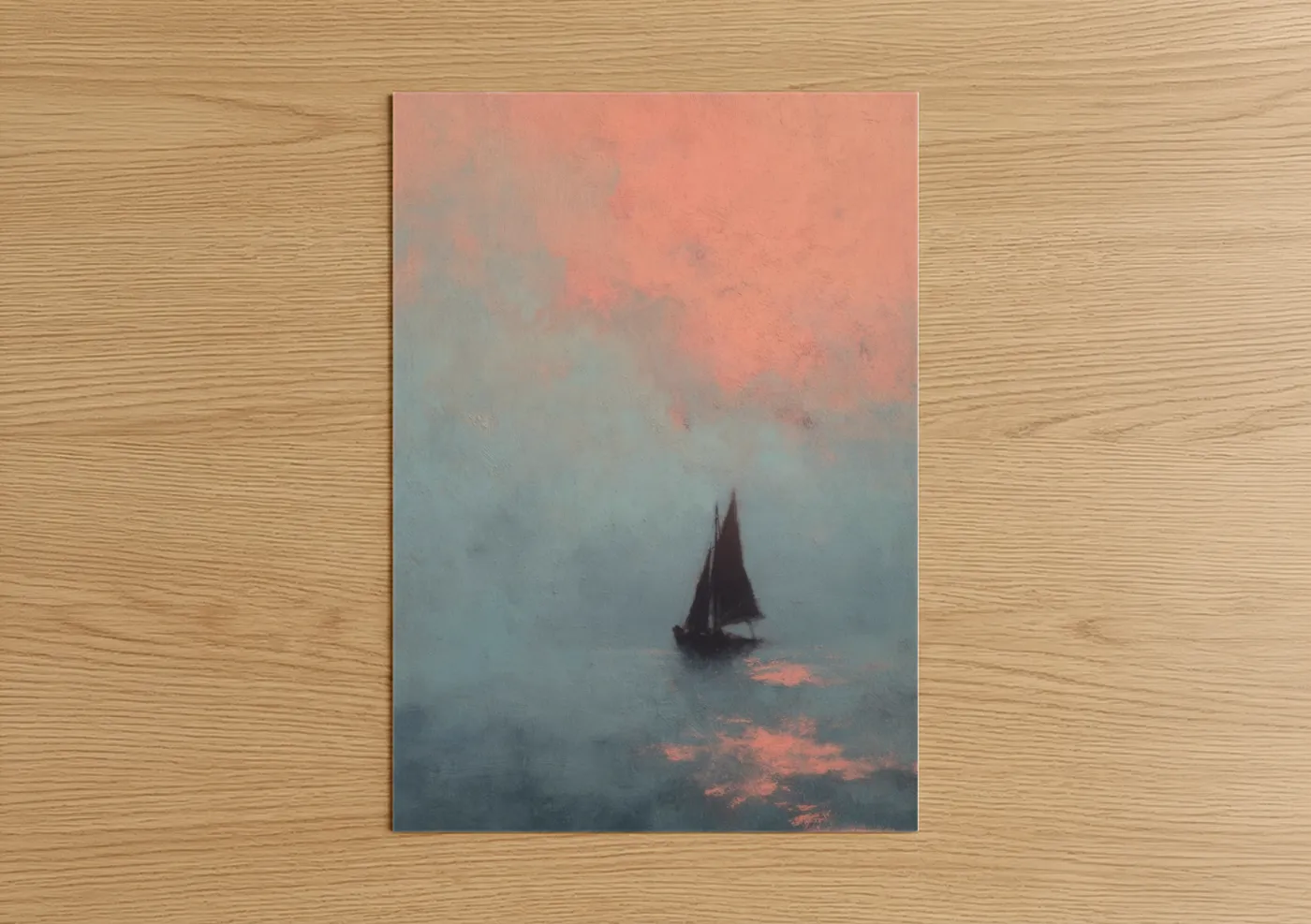 Sailing art print on warm oak wood — peach and dove gray palette — Misty Sailboat poster