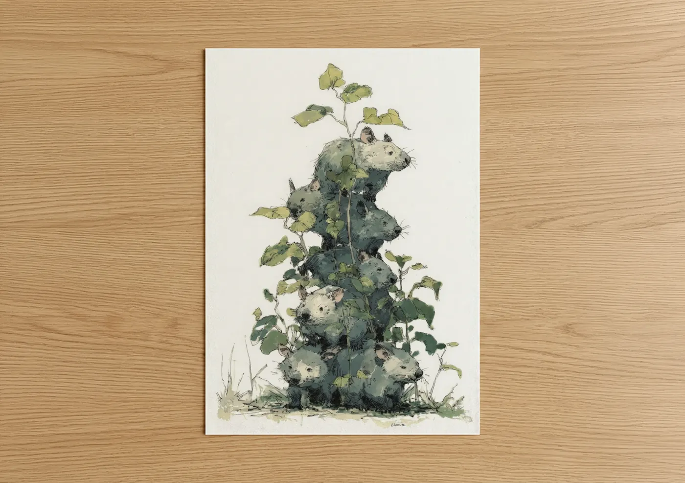 Whimsical Wombat Stack Botanical Wall Art