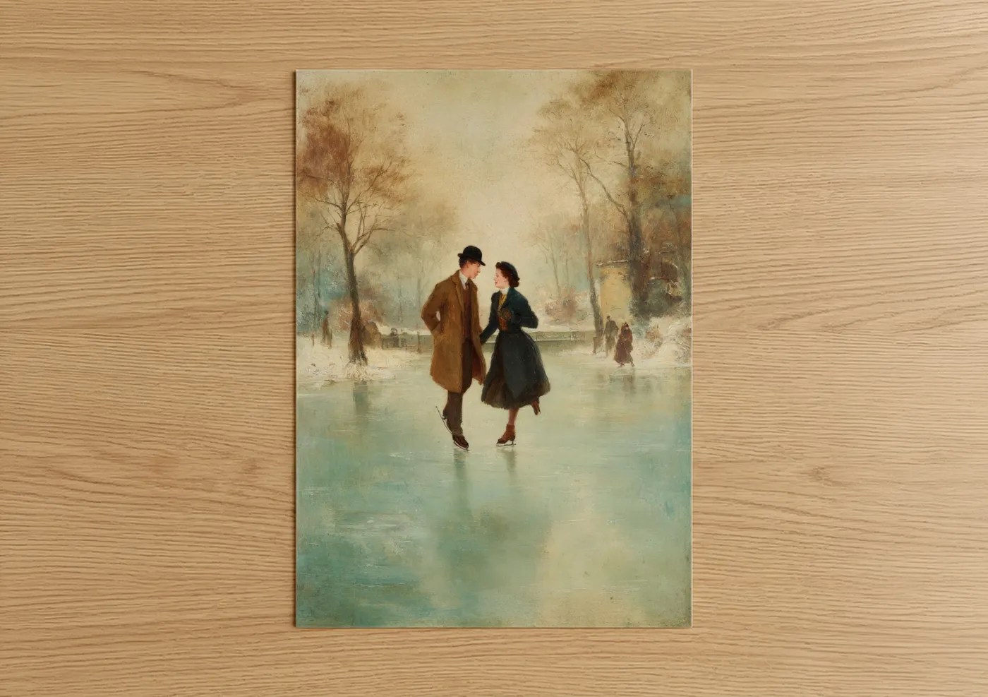 Vintage couple ice skating winter landscape Wall Art