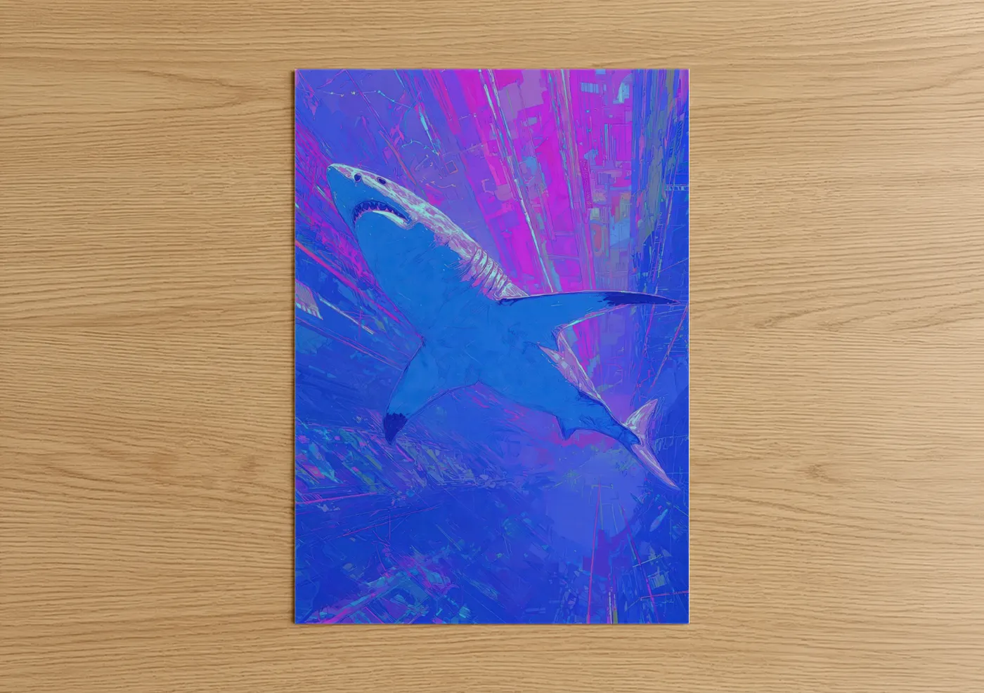 Blue shark art print on warm oak wood — blue and magenta palette — Neon Shark poster