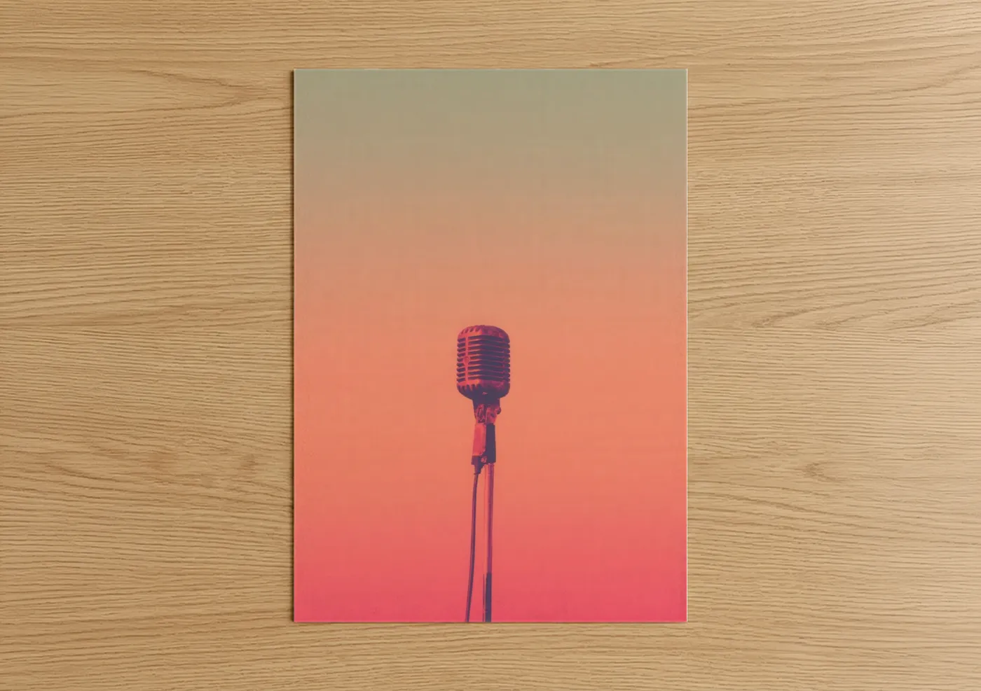 Art print on warm oak wood — salmon pink and beige palette — Vintage Microphone poster
