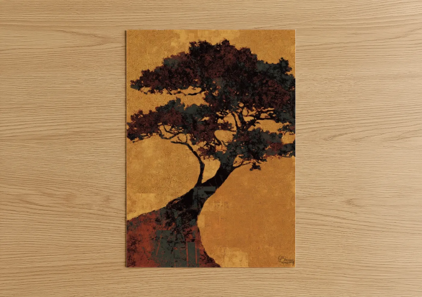 Golden Juniper Tree Warm Silhouette Wall Art