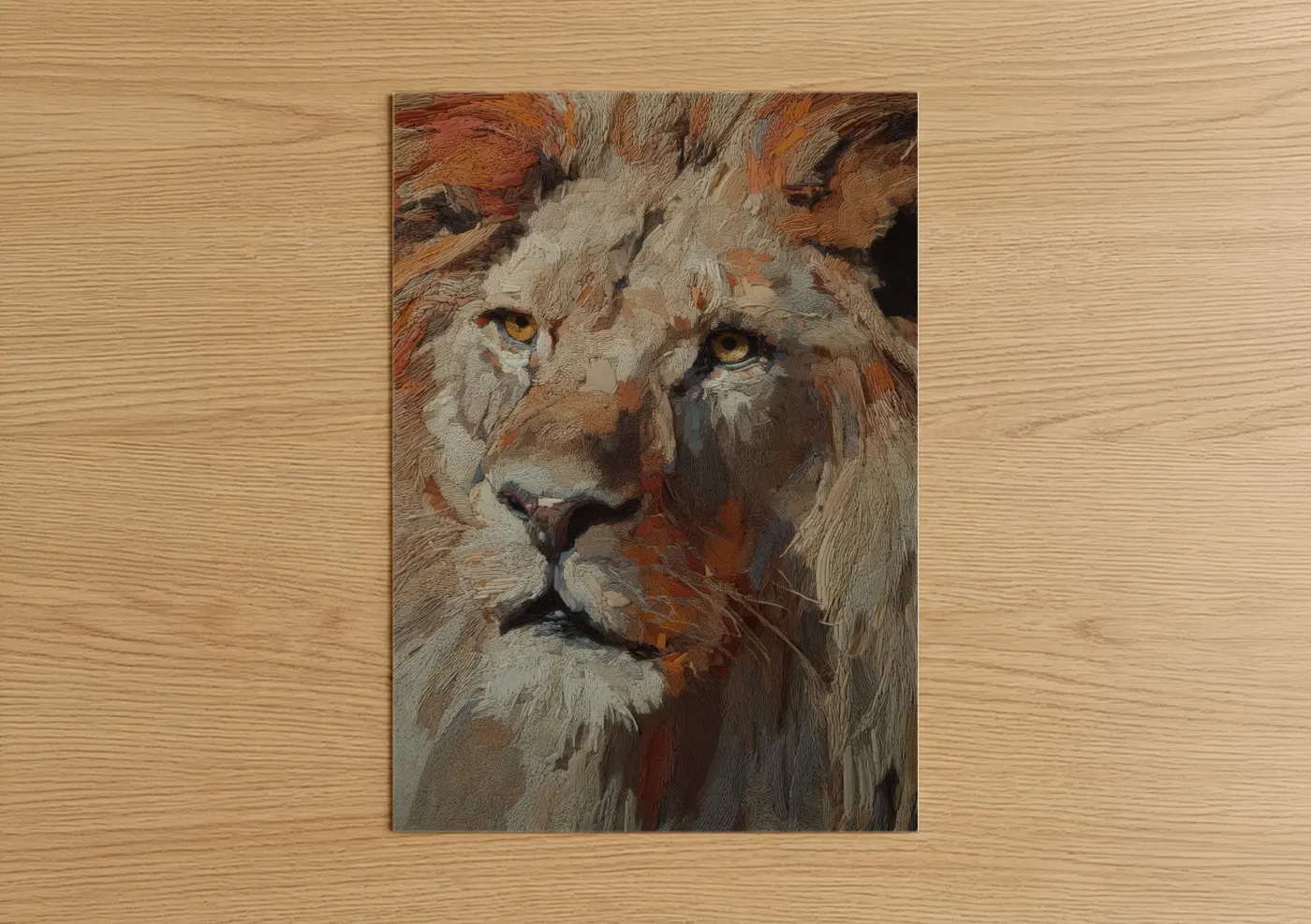 Art print on warm oak wood — gold and russet palette — Majestic Lion poster
