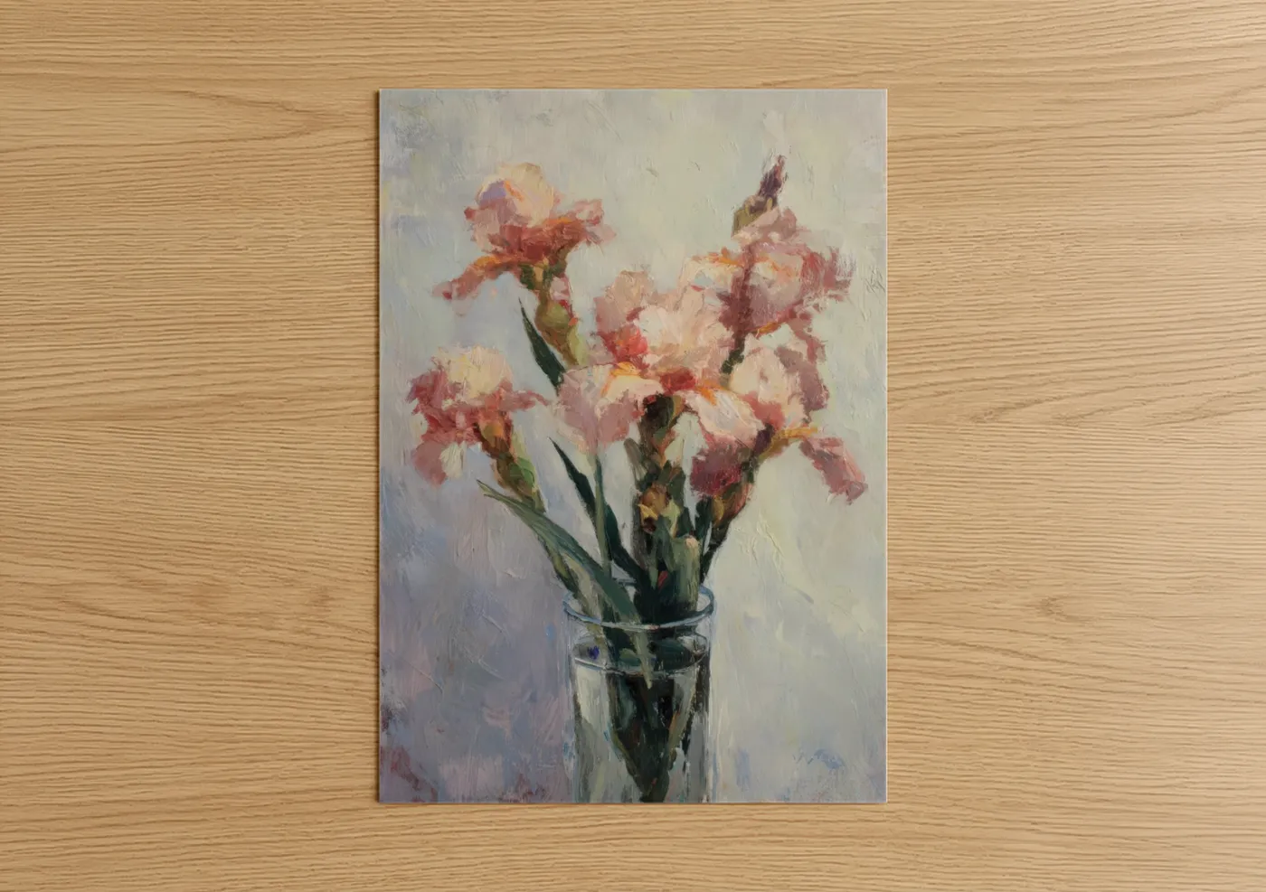 Art print on warm oak wood — peach and sage green palette — Blushing Iris Arrangement poster