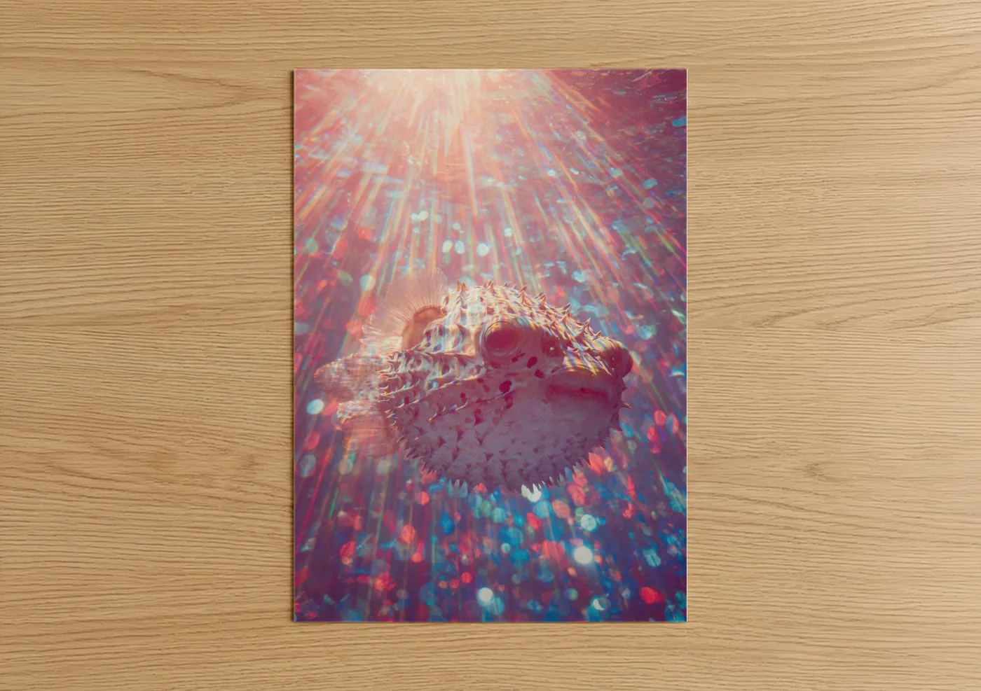 Art print on warm oak wood — magenta and blue palette — Neon Puffer Fish poster