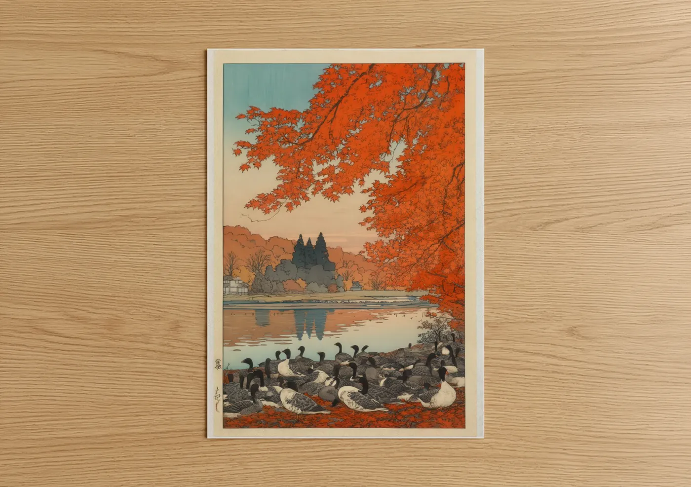 Art print on warm oak wood — orange and blue and white palette — Autumn Ducks poster