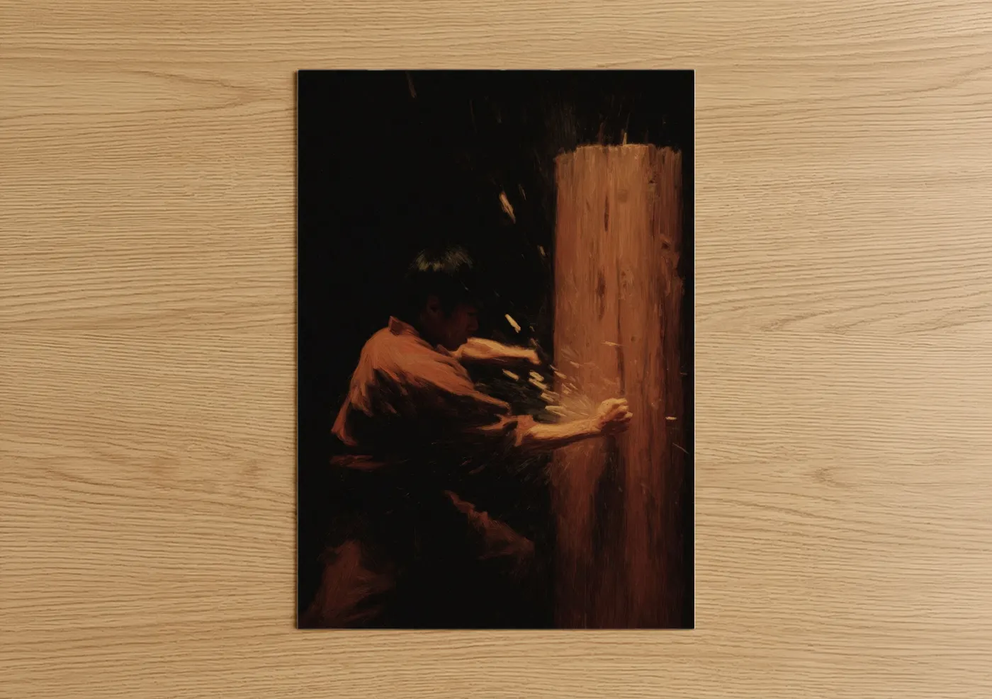 Kung fu art print on warm oak wood — gold and black palette — Wooden Punch Master poster