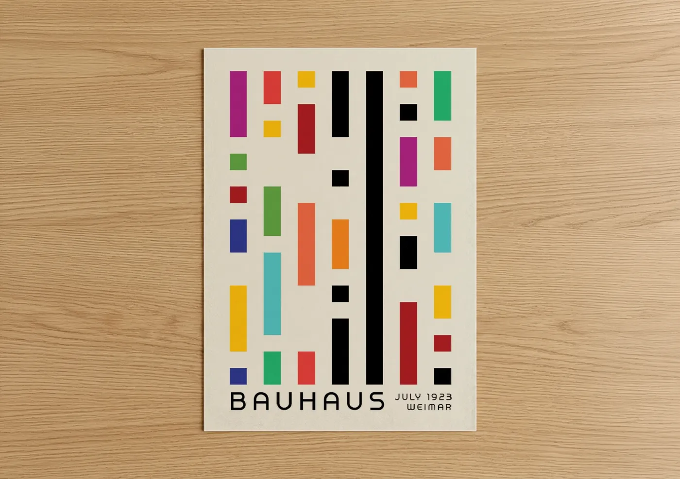 Abstract geometric art print on warm oak wood — black and gold palette — Bauhaus Geometry poster