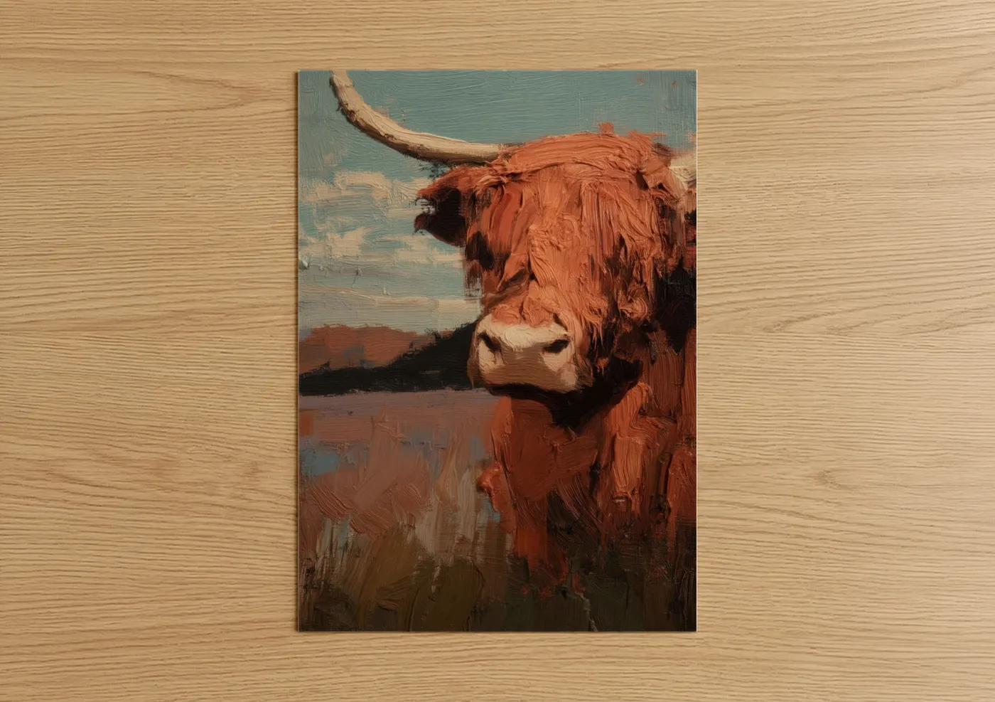 Highland cow art print on warm oak wood — russet and blue and white palette — Highland Majesty poster