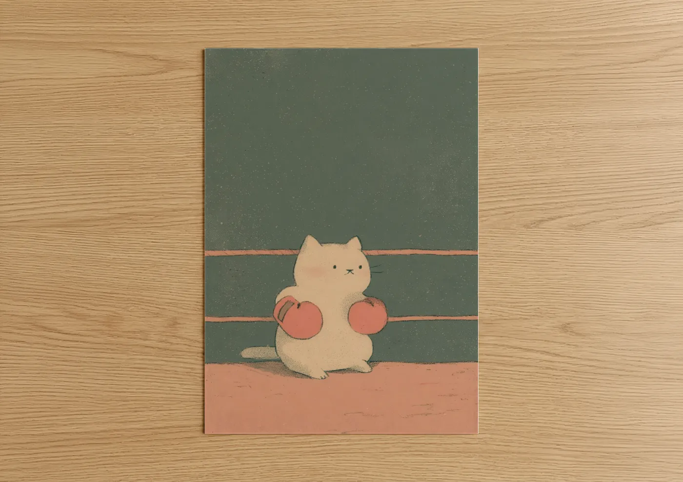 Kick boxing art print on warm oak wood — sage green and peach palette — Boxing Cat poster
