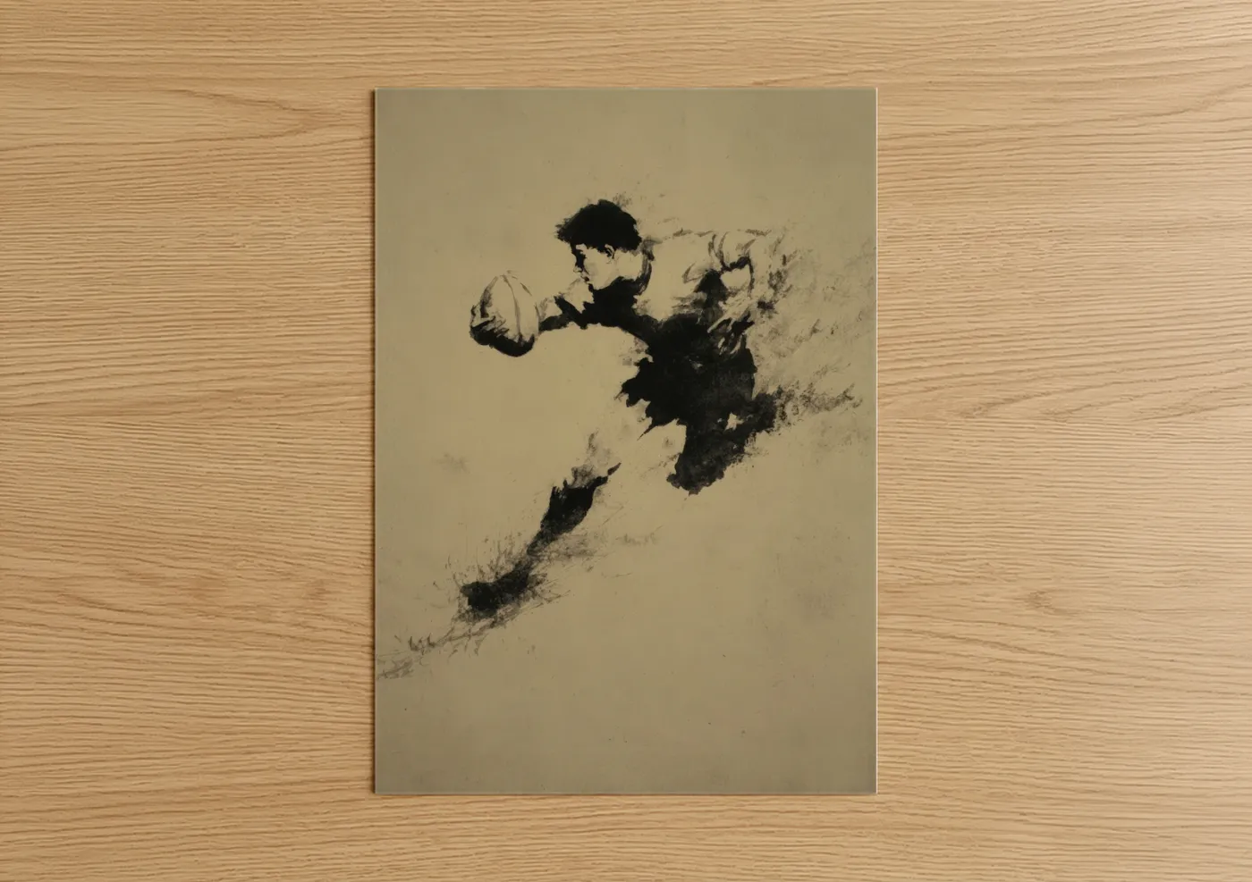 Art print on warm oak wood — black and beige palette — Dynamic Rugby Player poster