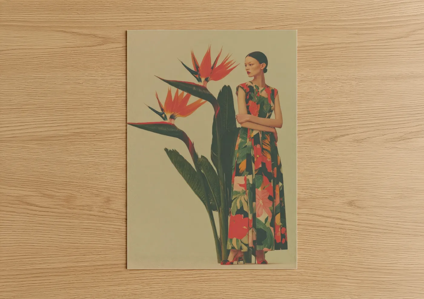 Fashion photography art print on warm oak wood — red and dark green palette — Tropical Fashion Portrait poster