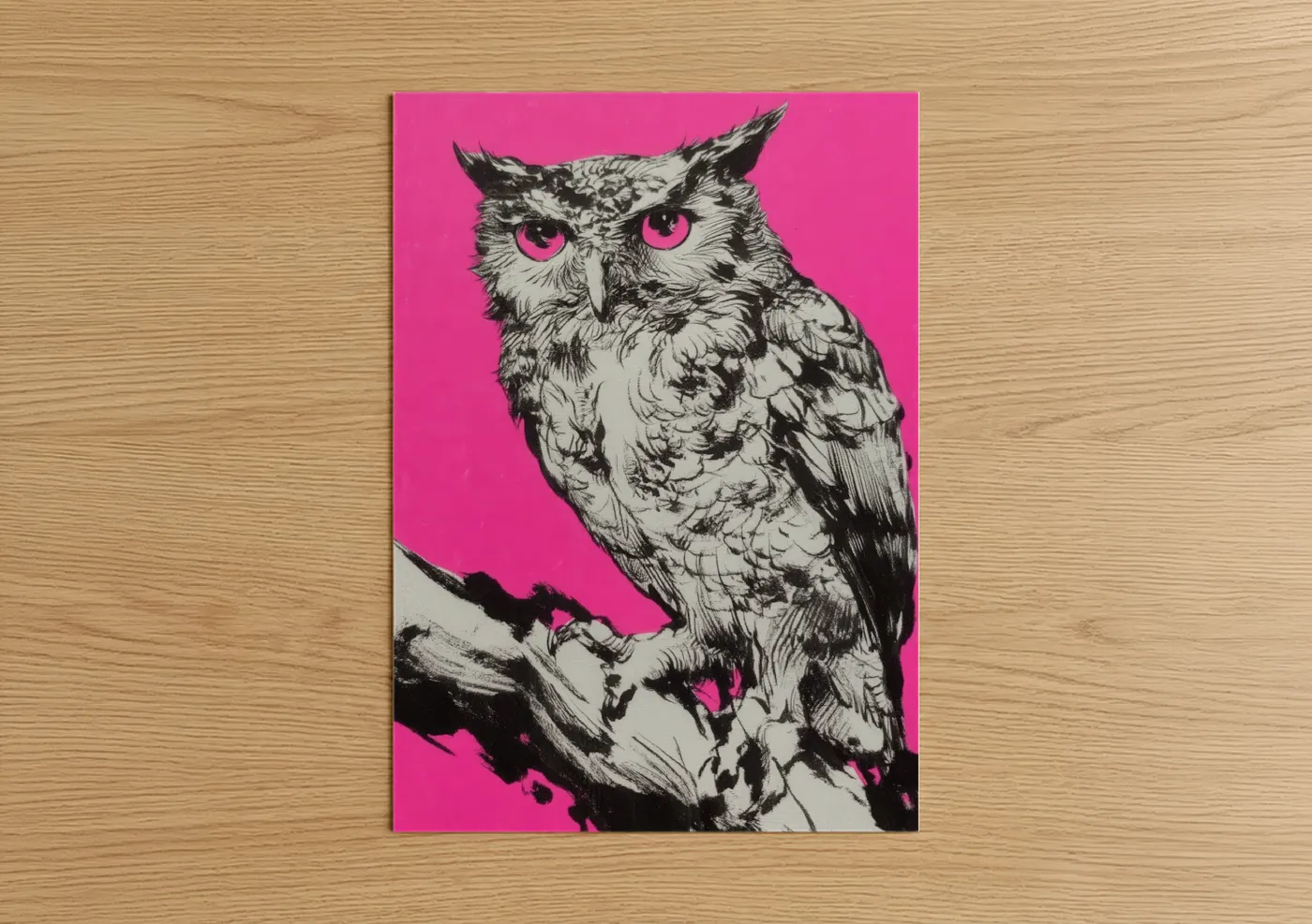 Neon Pink Owl with Striking Eyes Wall Art