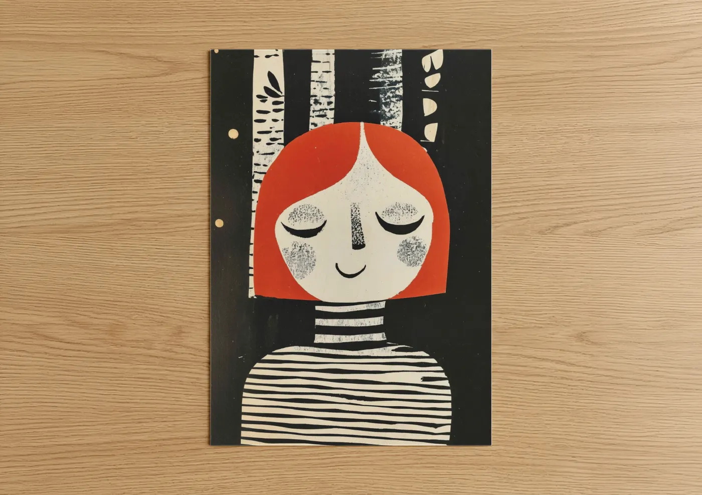 Red-Haired Girl Forest Illustration Wall Art