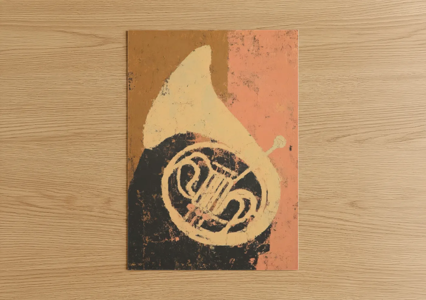 Art print on warm oak wood — russet and cream palette — Vintage French Horn poster