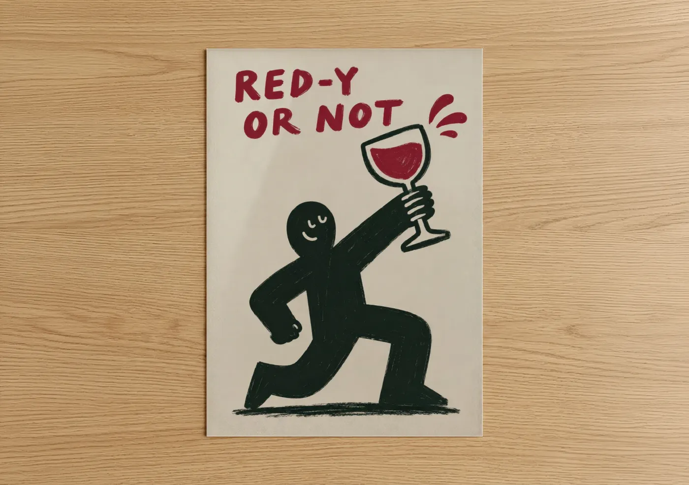 Art print on warm oak wood — red and black palette — Red Wine Celebration Wall Art poster