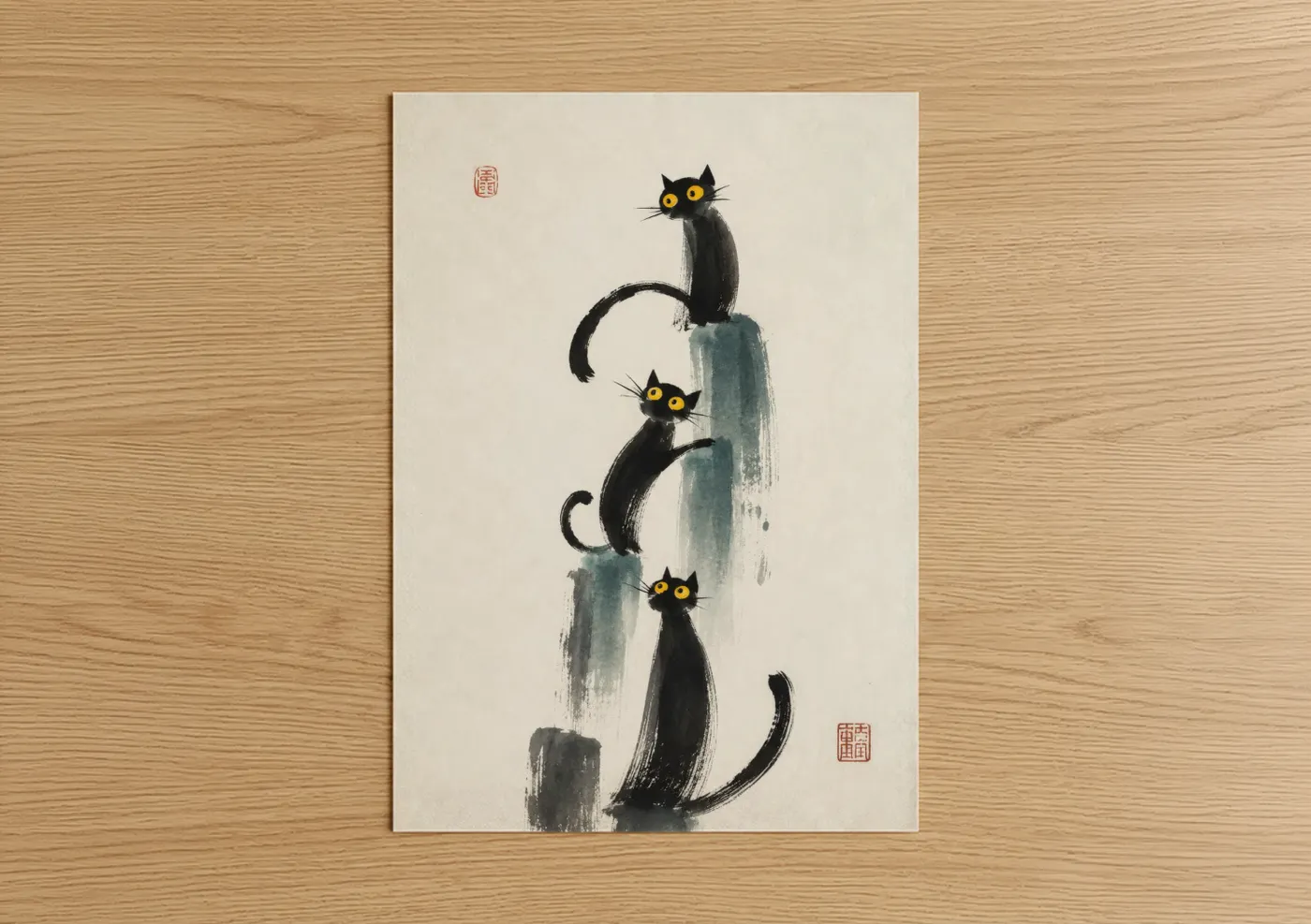 Art print on warm oak wood — black and white and teal palette — Japanese Black Cats Zen Wall Art poster