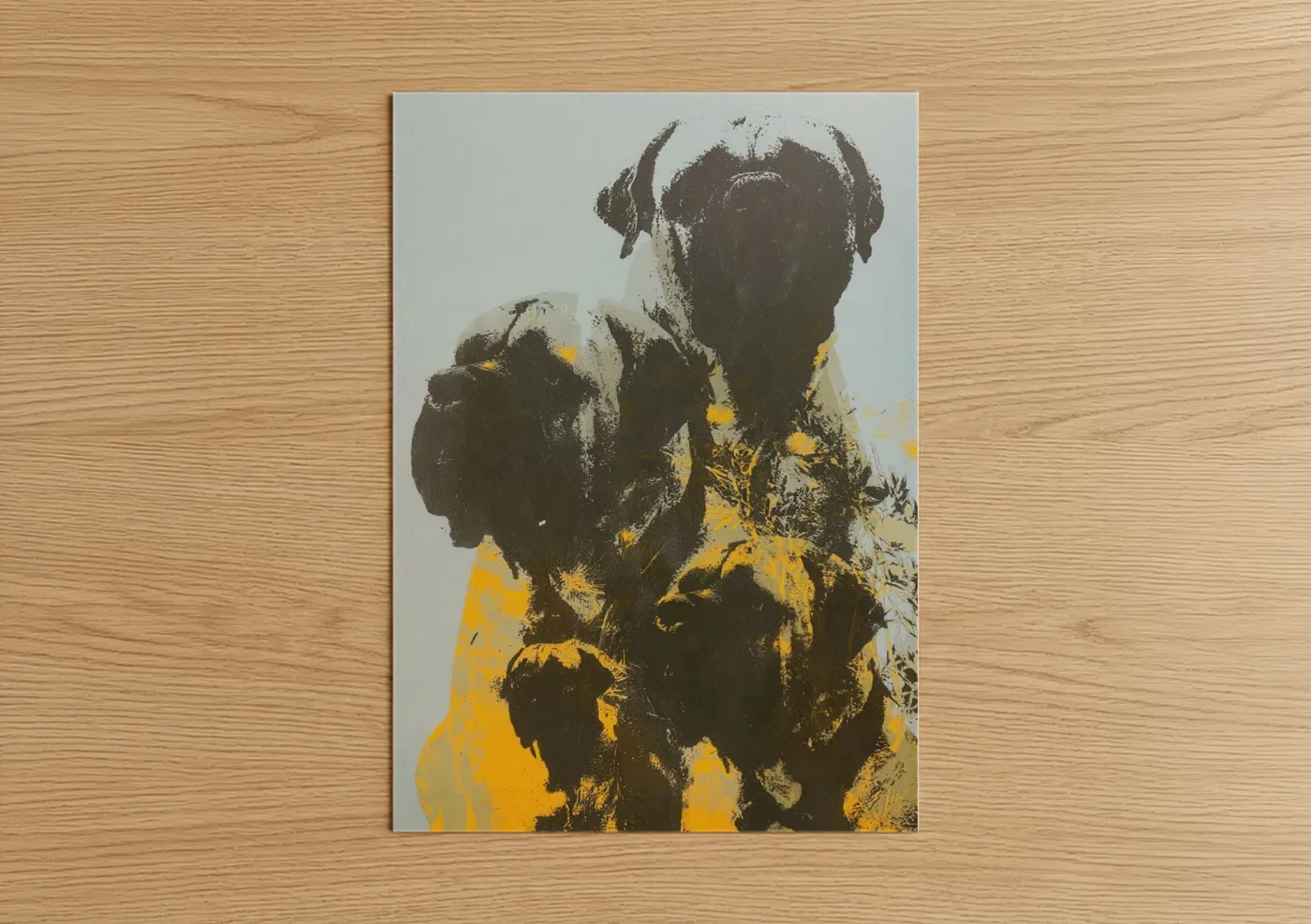 Art print on warm oak wood — gold and black palette — Golden Mastiff poster