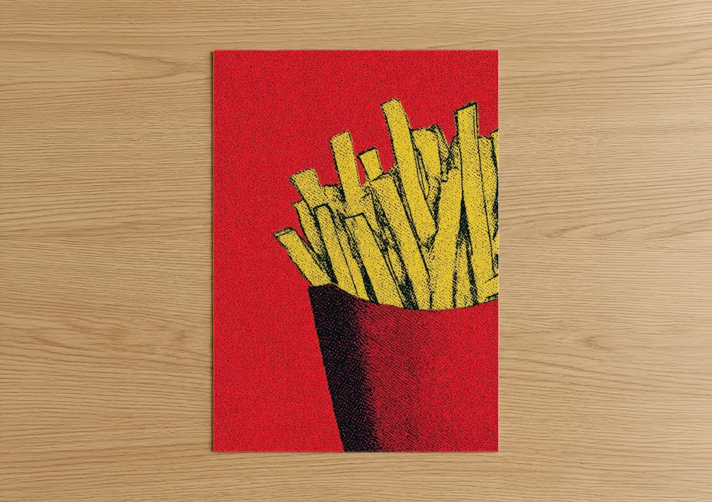 Fast food art print on warm oak wood — red and yellow gold palette — Crimson Fries poster