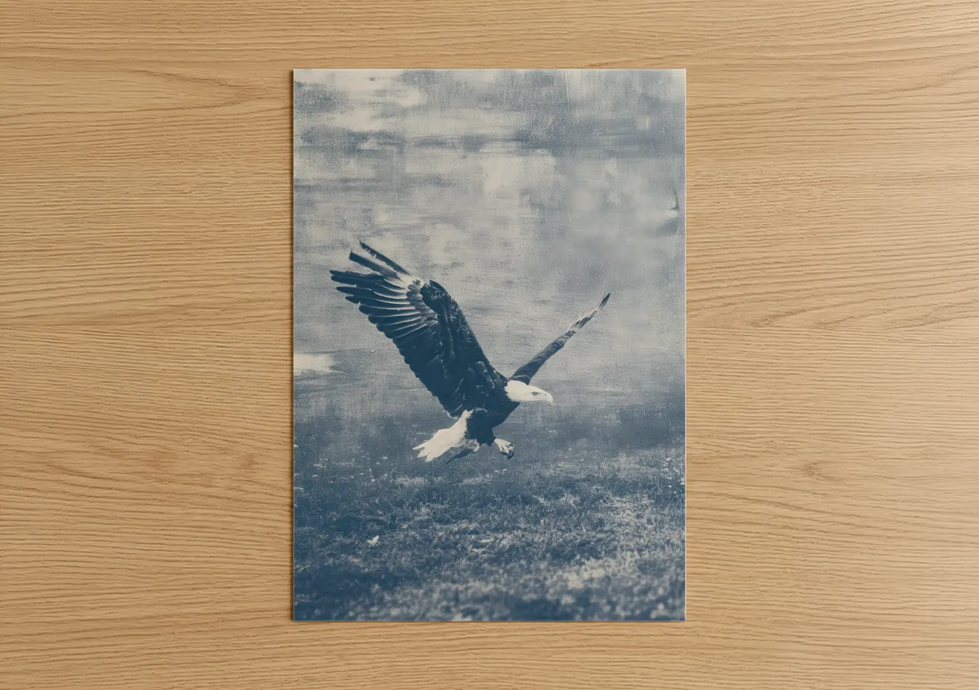 Art print on warm oak wood — blue and white and gray palette — Soaring Eagle poster