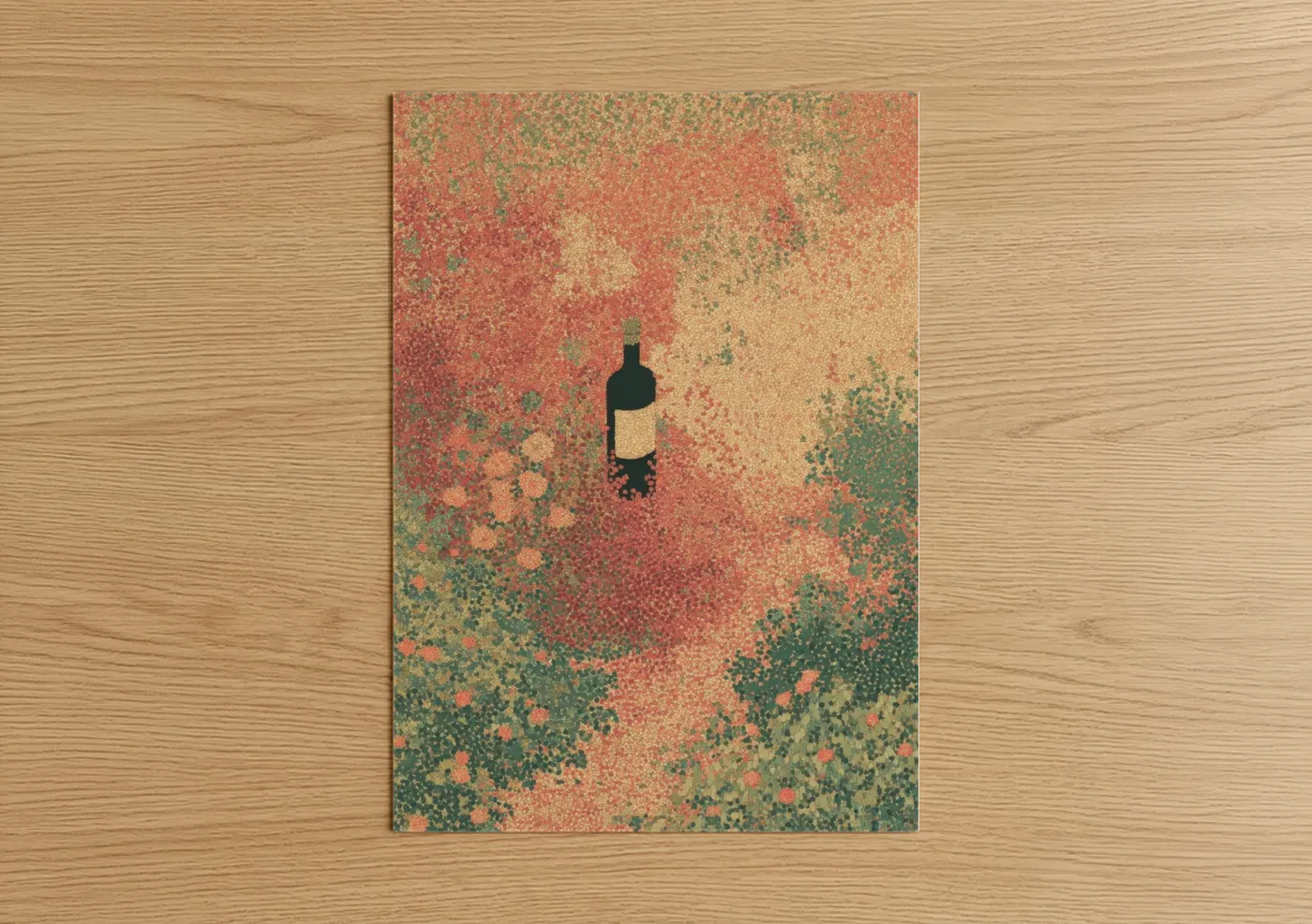 Rose wine art print on warm oak wood — salmon pink and sage green palette — Vineyard Rosé poster