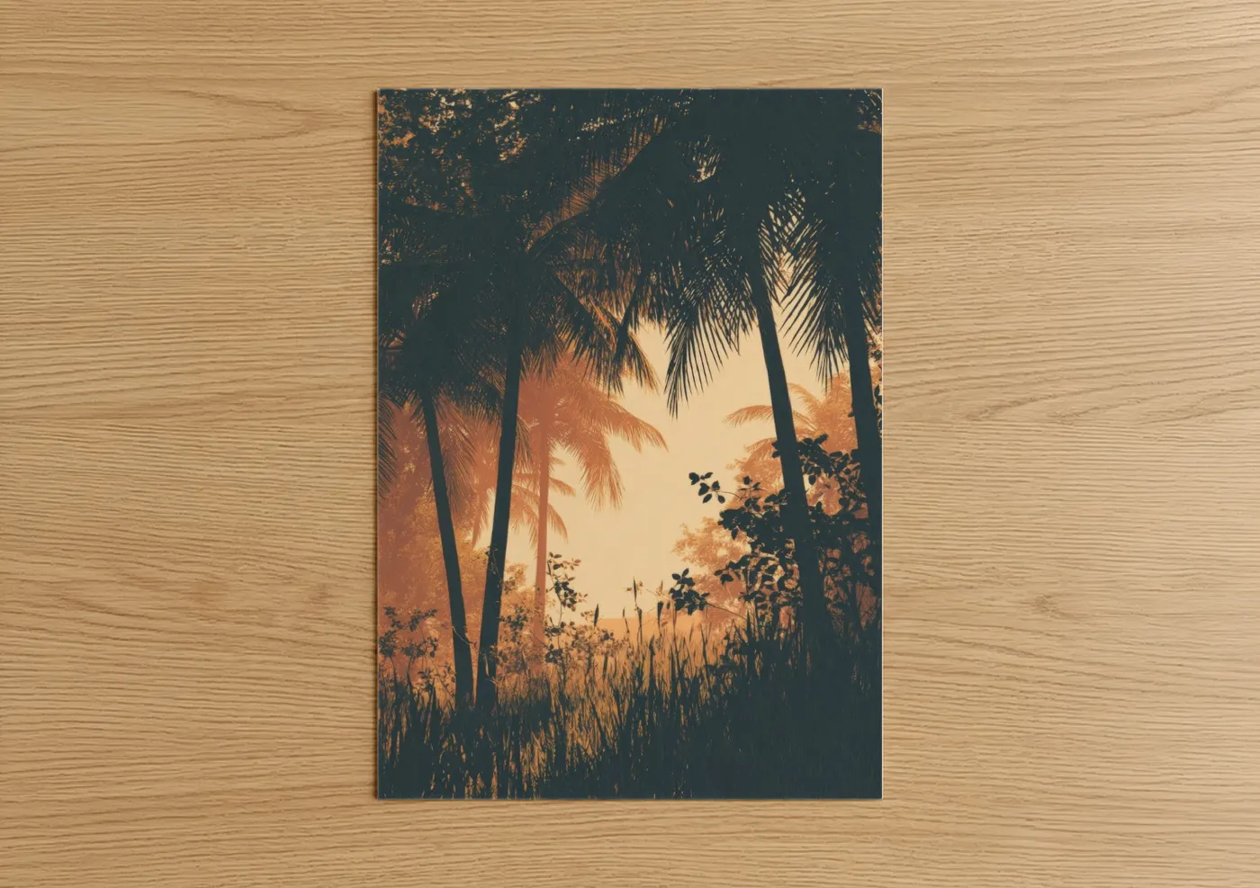 Palm forest art print on warm oak wood — gold and dark blue palette — Tropical Sunset Forest poster