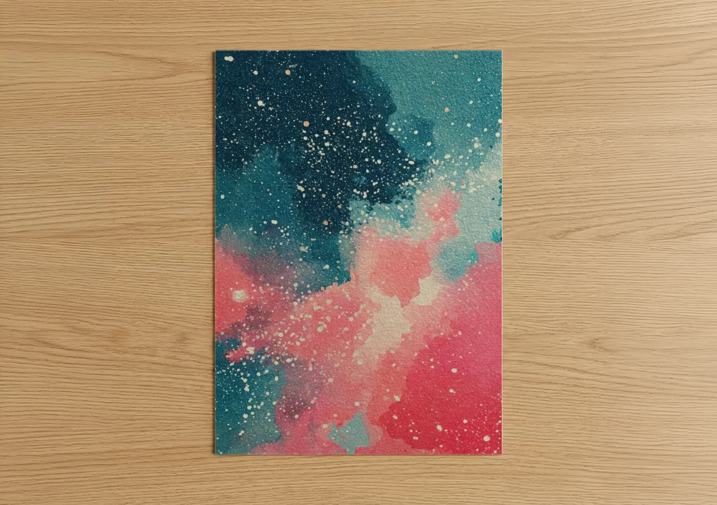 Galaxy art print on warm oak wood — teal and salmon pink palette — Cosmic Nebula poster