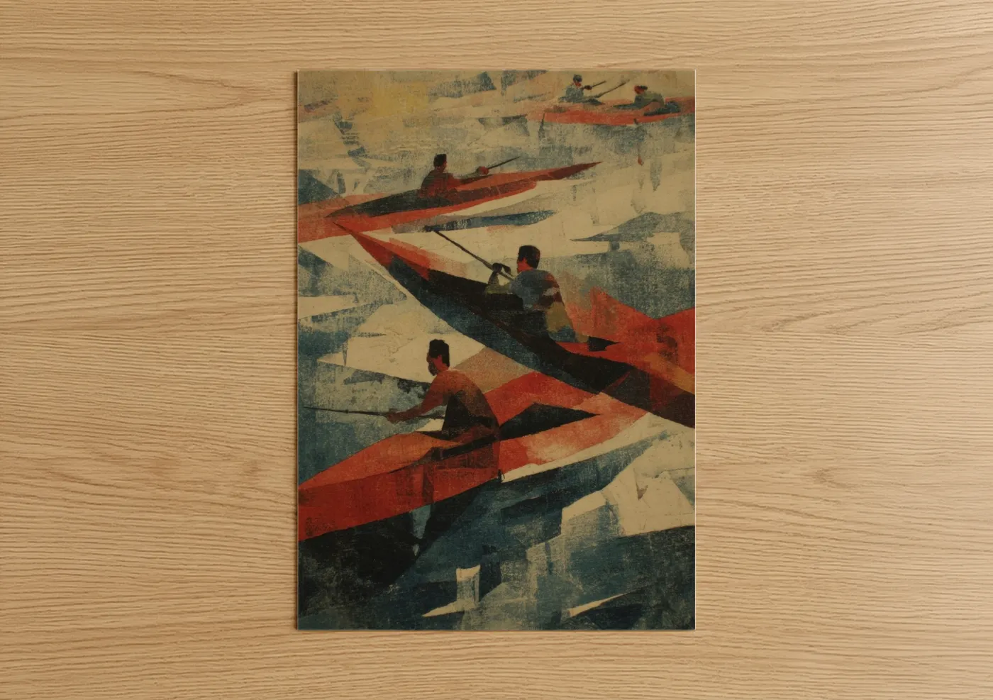 Kayaks and canoes art print on warm oak wood — gold and teal palette — Vintage Paddlers poster