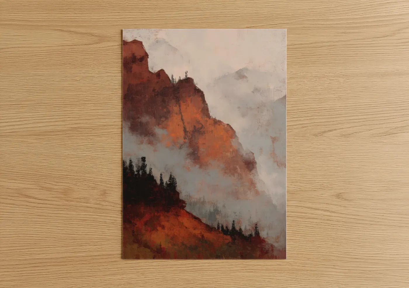 Art print on warm oak wood — cream palette — Crimson Mountain Mist poster