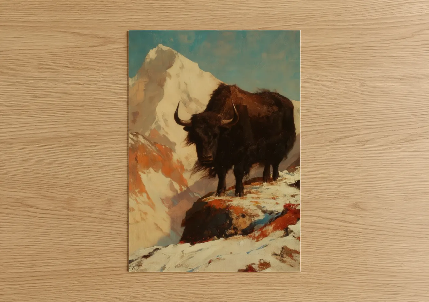 Art print on warm oak wood — gold and teal palette — Alpine Yak poster