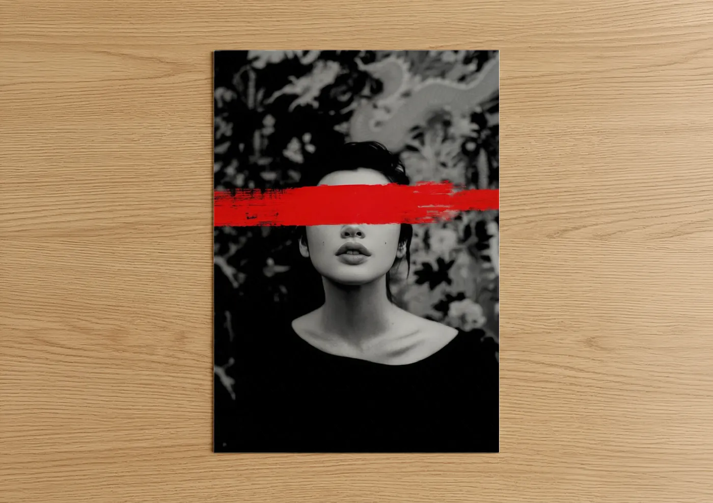 Abstract classic art print on warm oak wood — black and white and red palette — Blindfolded Vision poster