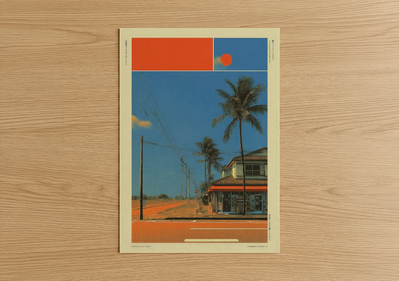 Japanese y2k art print on warm oak wood — blue and orange palette — Desert Convenience poster