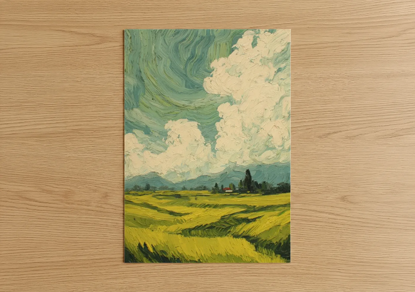 Green field art print on warm oak wood — yellow gold and true green palette — Wheatfield Dreamscape poster