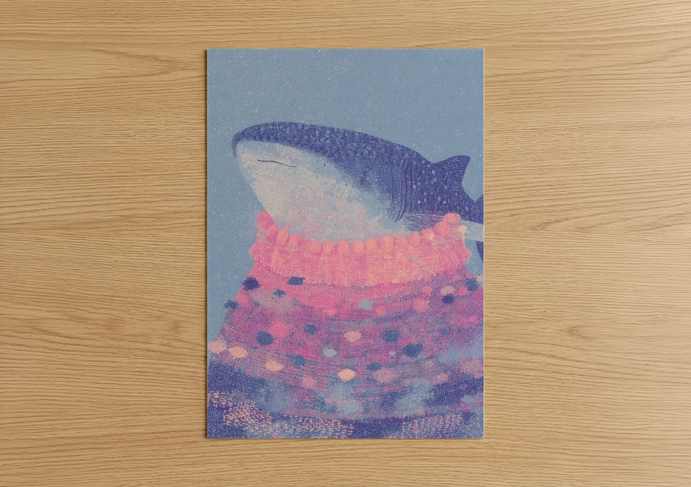 Art print on warm oak wood — blue and pink palette — Pink Whale Shark poster