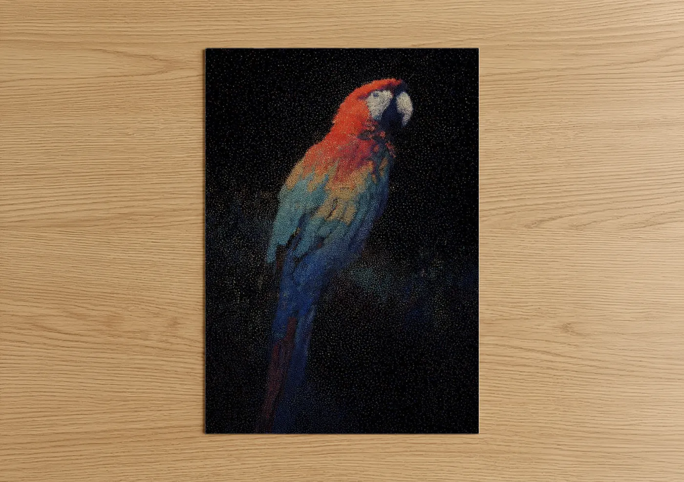 Art print on warm oak wood — red and royal blue palette — Crimson Macaw Portrait poster