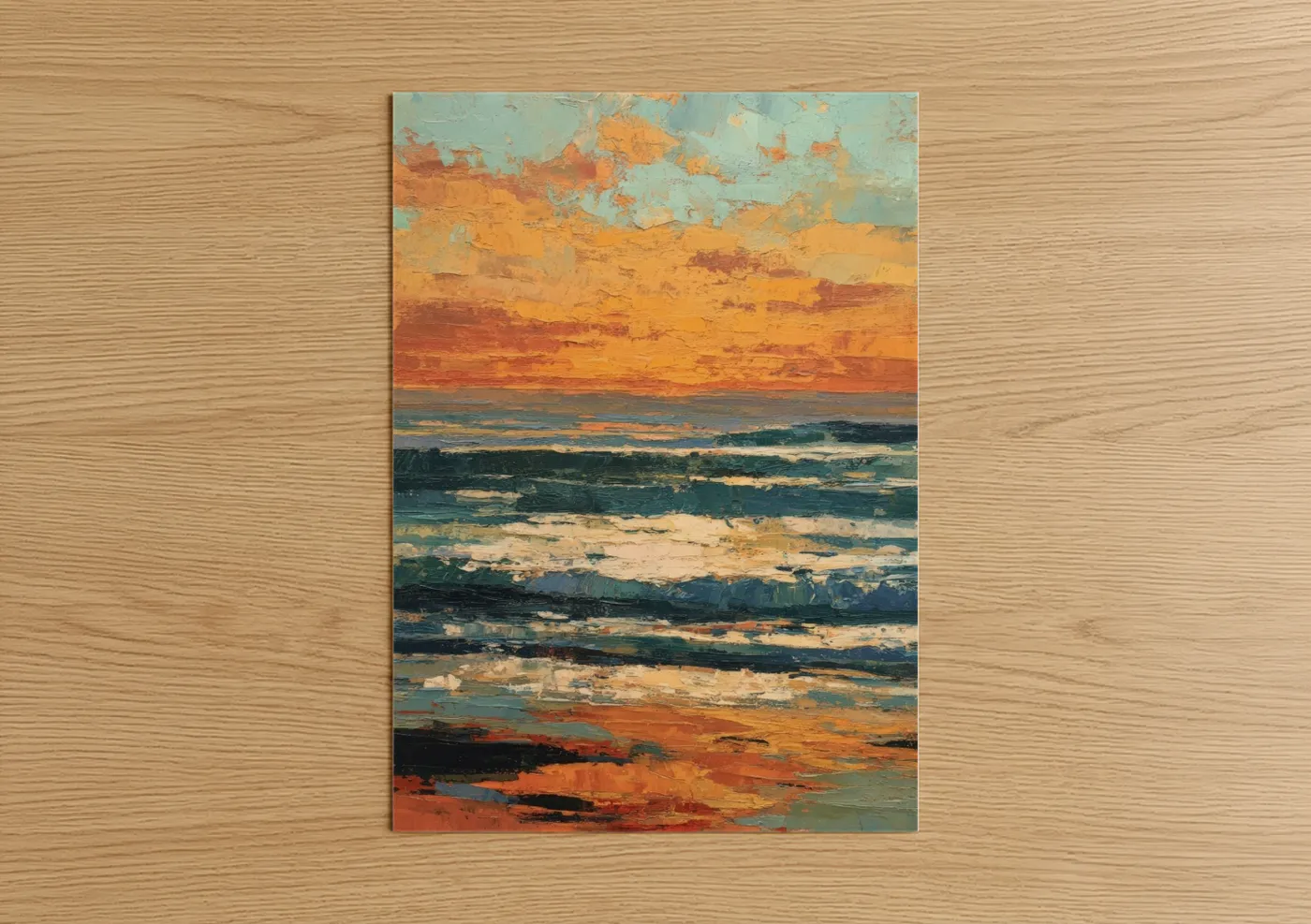Golden Sunrise Waves Ocean Painting Wall Art