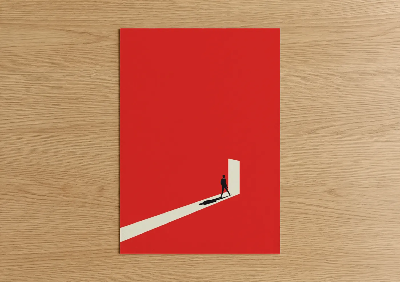 Abstract minimalist art print on warm oak wood — red and white palette — Ascending Gateway poster