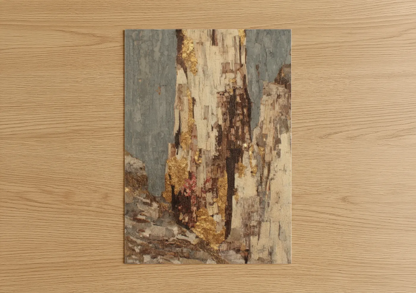 Kauri tree art print on warm oak wood — gold and gray palette — Golden Kauri Bark poster