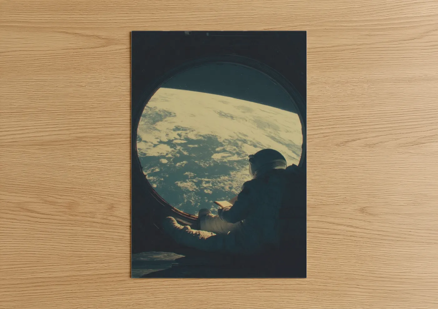 Reading art print on warm oak wood — gold and teal palette — Orbital Reader poster