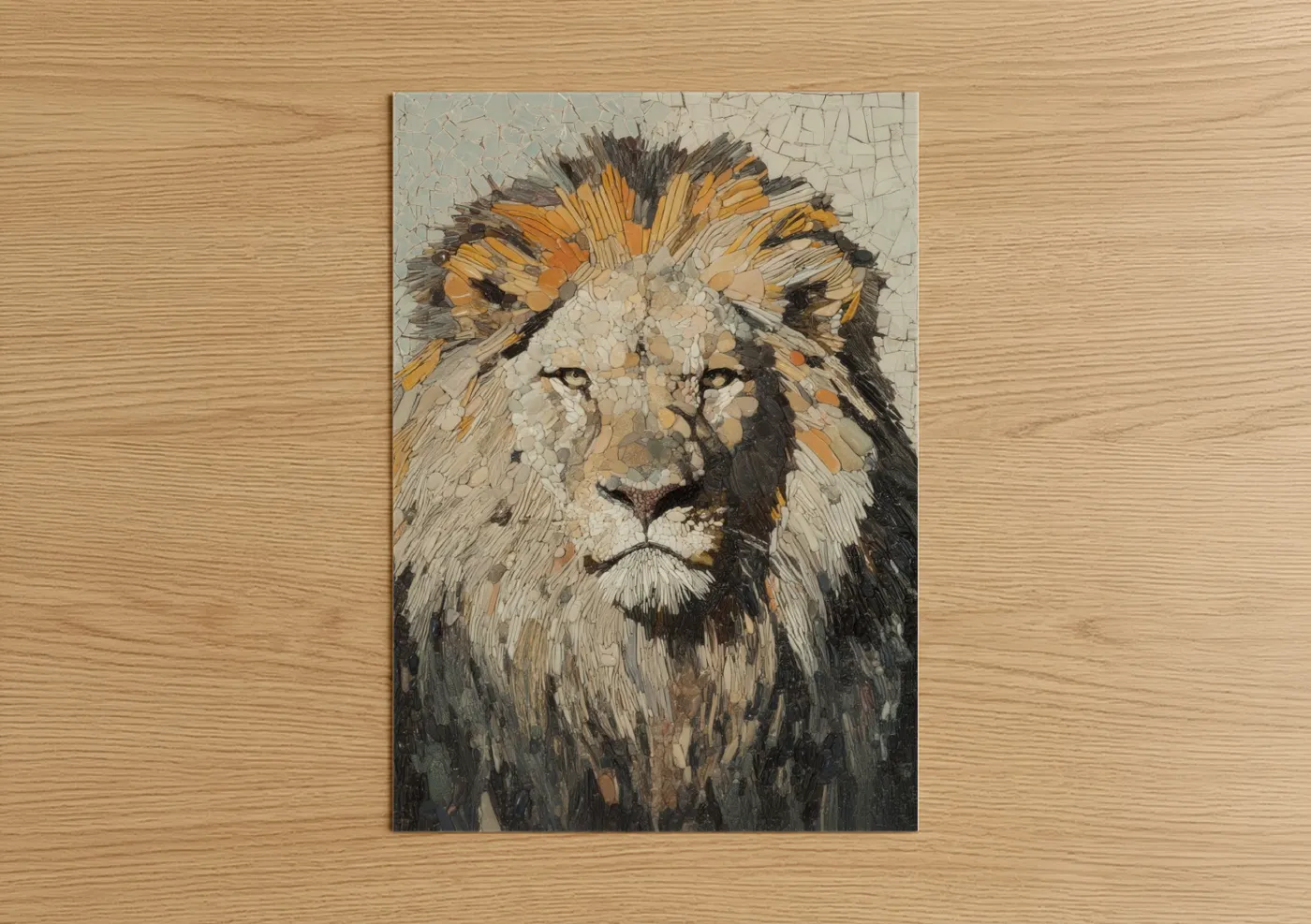 Art print on warm oak wood — gold and black palette — Golden Lion Majesty poster