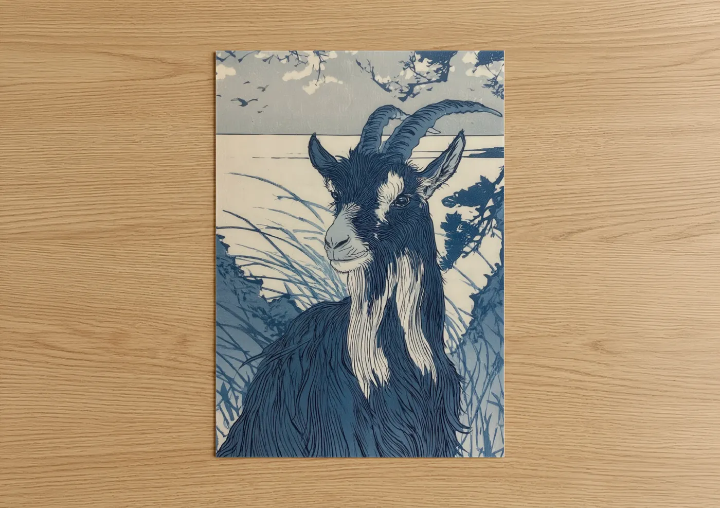 Bearded Goat Portrait Blue Line Wall Art