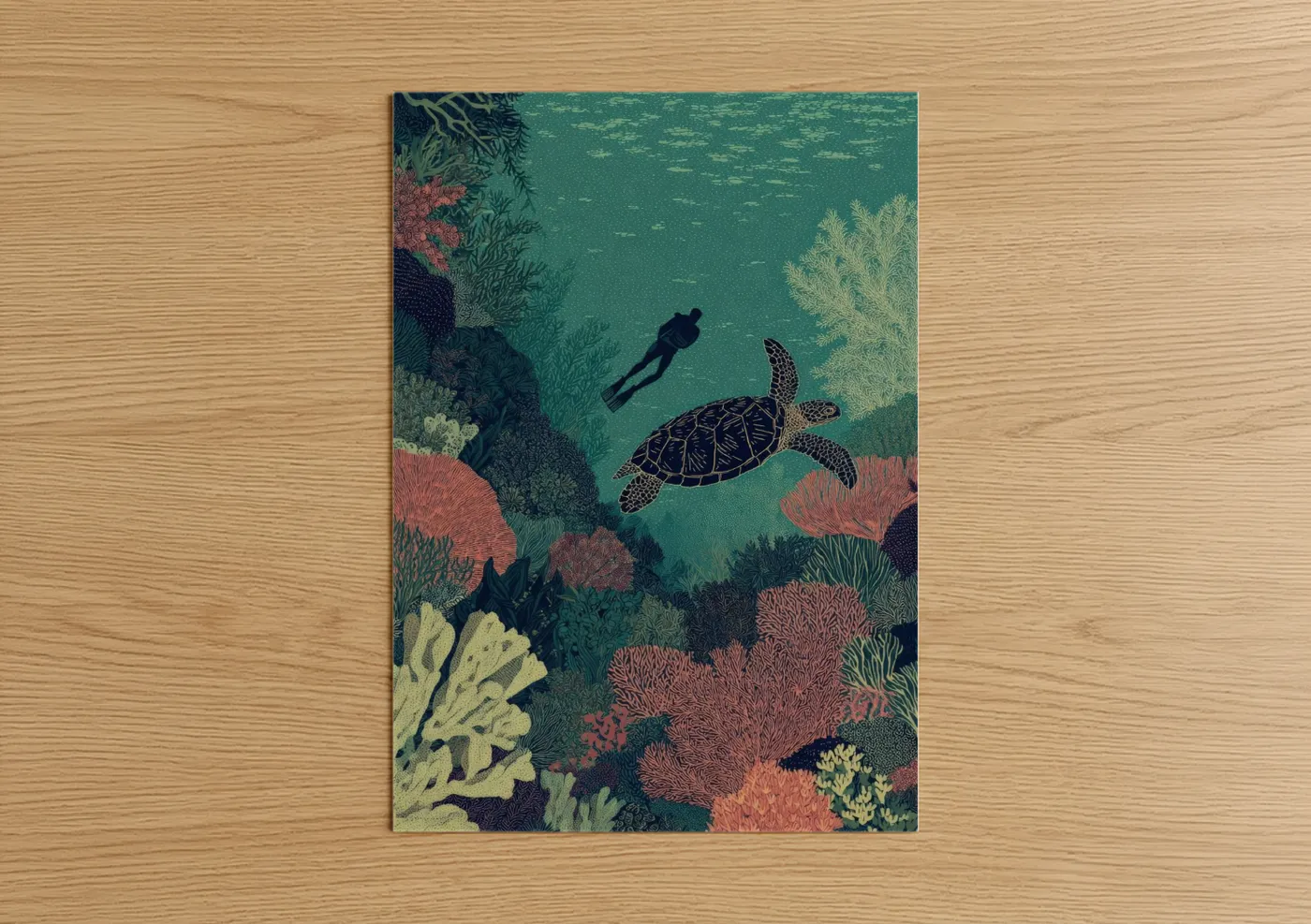 Sea Turtle Diving Underwater Adventure Wall Art