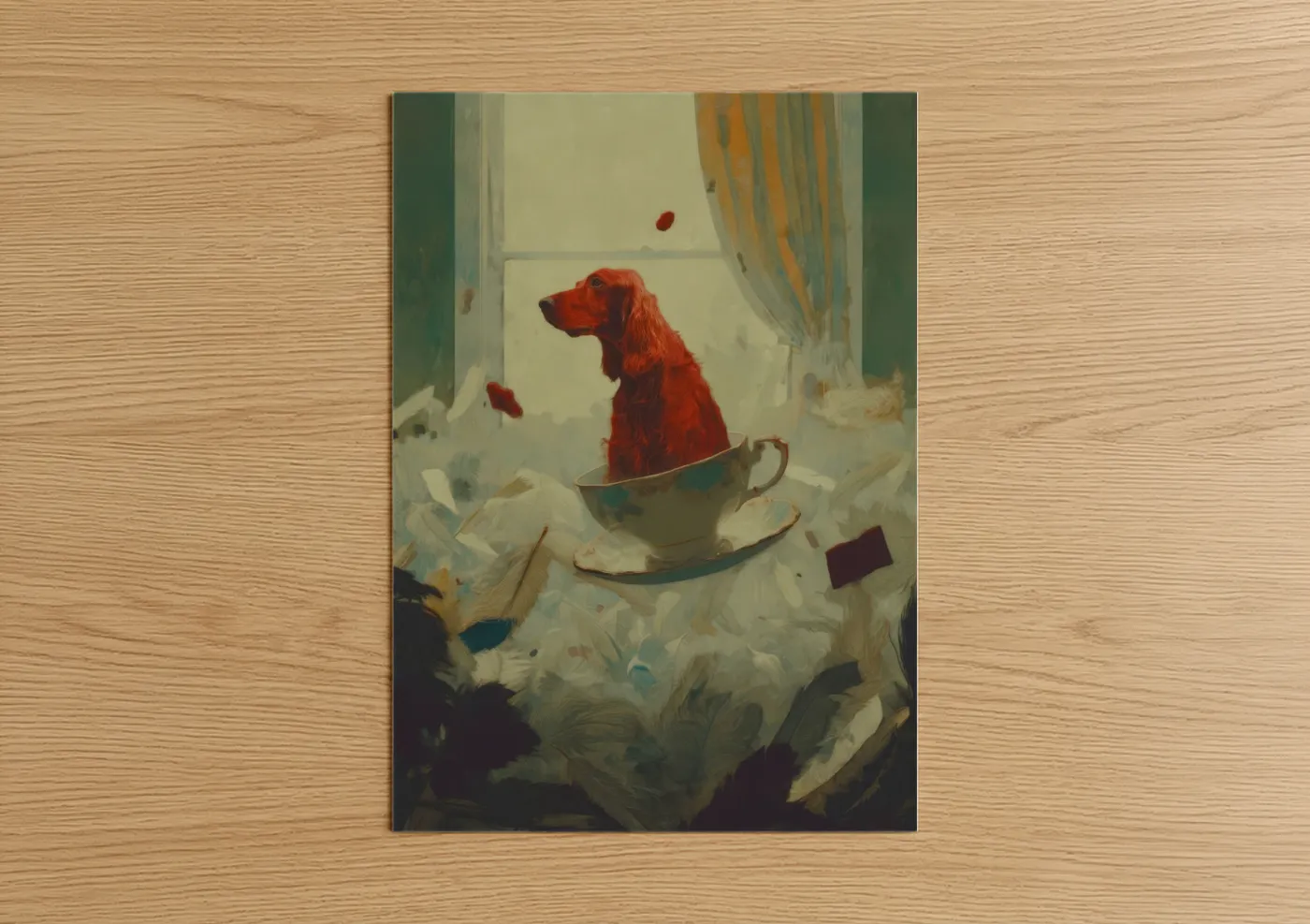Art print on warm oak wood — cream and sage green palette — Teacup Setter poster